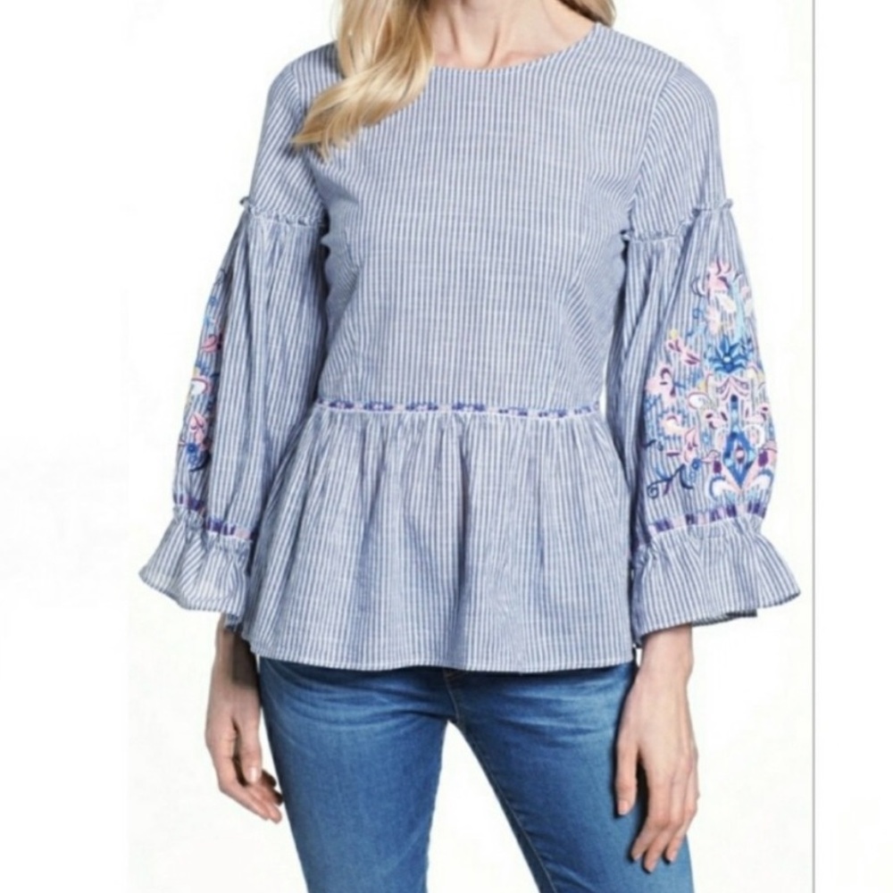 Caslon Striped Blouse with Floral Embroidery